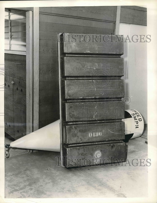 1960 Close up of fiberglass reinforced plastic pontoon  - Historic Images