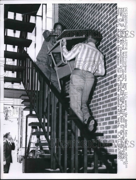 1958 Press Photo Workers moving desks in Highland Methodist Church - nea83066-Historic Images