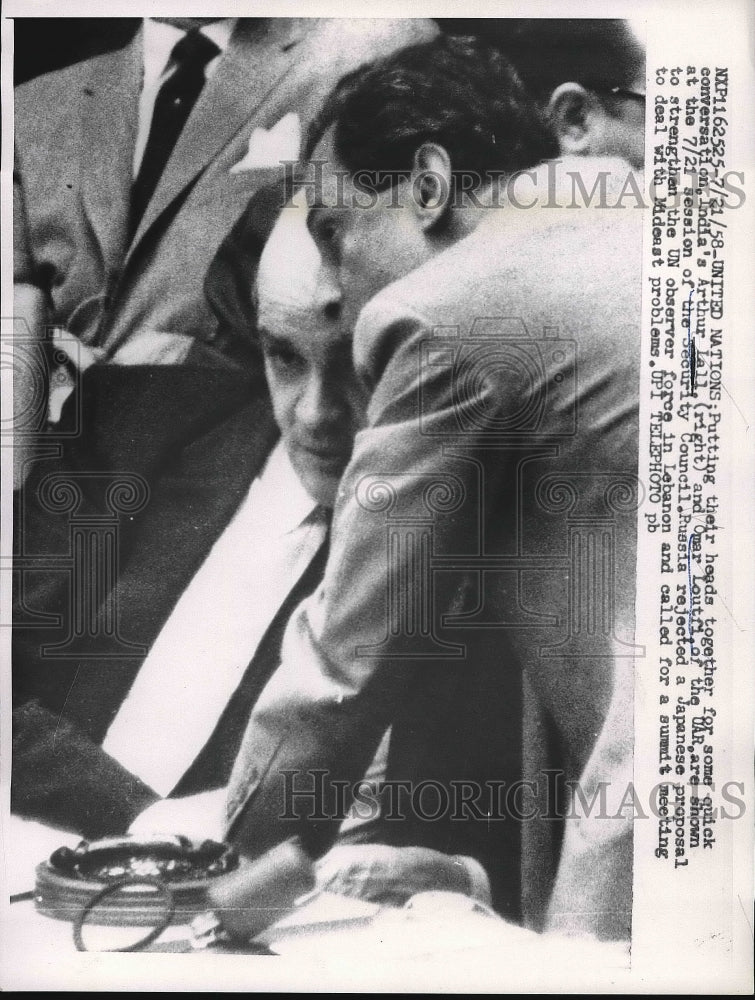 1958 Press Photo Arthur Lall and Omar Loutfi at the U.N. Security Council - Historic Images