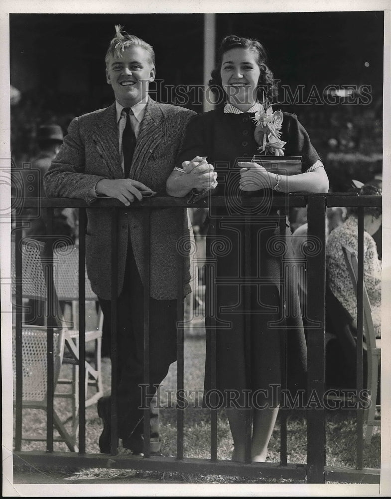 1937 Mr.Ewing B.Hawkins and Fiance Jean Clark at Belmont Park Track. - Historic Images