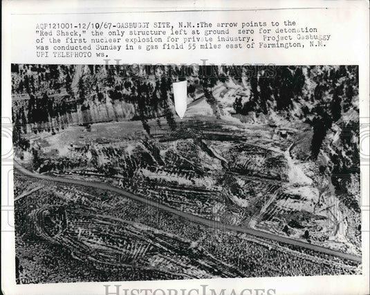 1967 Arrow Pointing to Red Shack Left Standing on Detonation Site - Historic Images