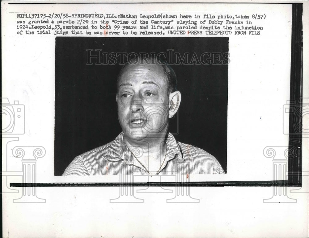 1958 Press Photo Nathan Leopold granted parole for murdering a boy - nea83397 - Historic Images