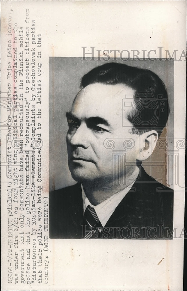 1948 Finnish Communist Interior Minister Yrjoe Leino Portrait - Historic Images