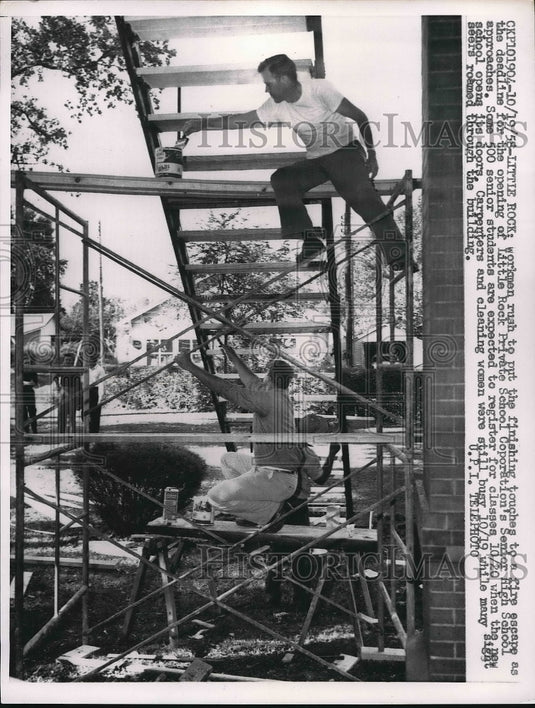 1958 Workmen Rush To Put Finishing Touches To Fire Escape At School - Historic Images