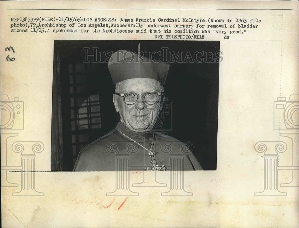 1965 Press Photo James Francis Cardinal McIntyre Archbishop In Los Angeles - Historic Images