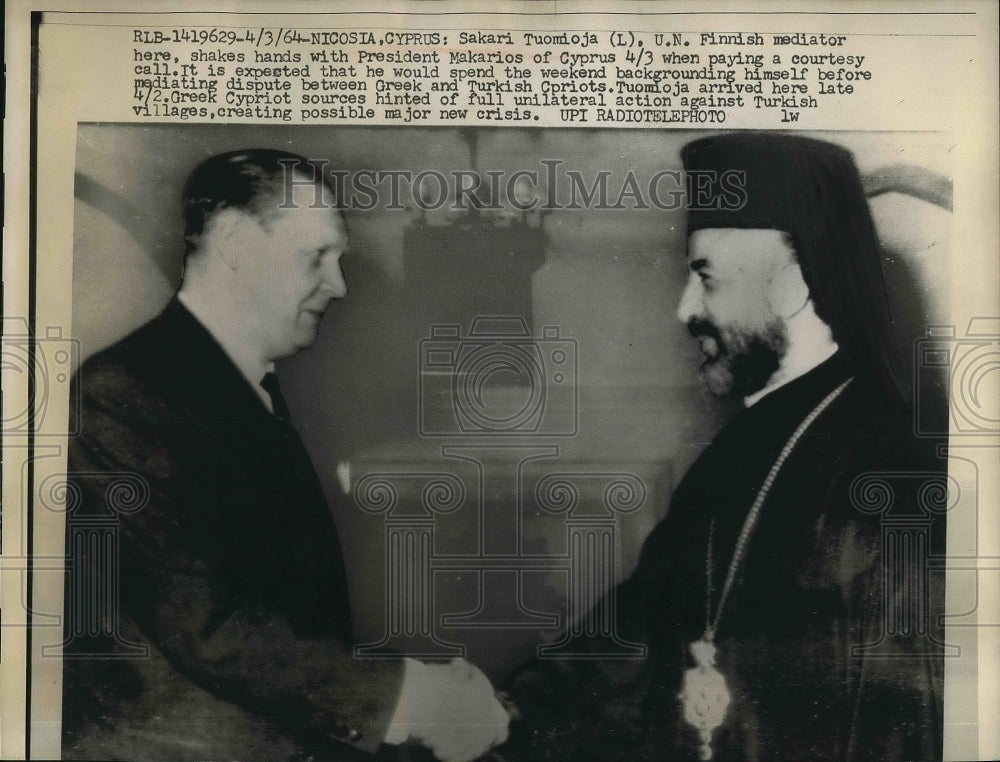 1964 Sakari Tuomioja U.N. Finnish mediator with Pres. Makarios - Historic Images