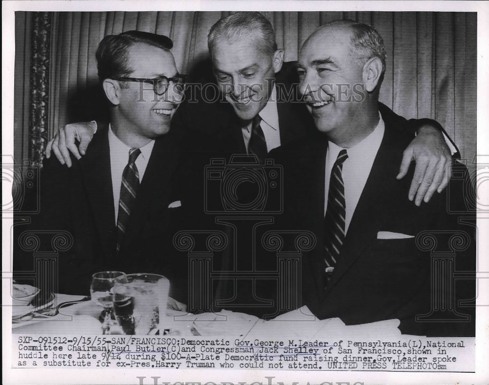 1955 Press Photo Gov. George Leader, Paul Butler and Congressman Jack Shelley - Historic Images