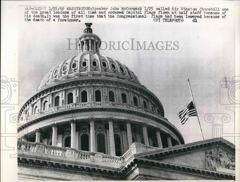 1965 Press Photo Flags at Half Staff, US Capitol, Sir Winston Churchill Death - Historic Images