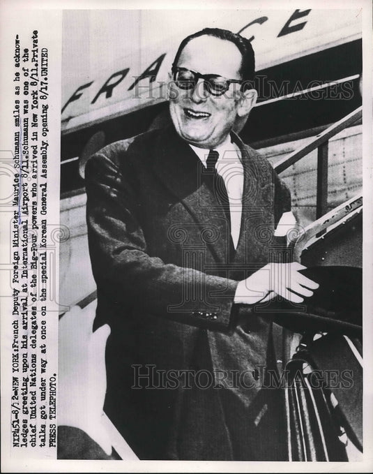 1953 Press Photo French Deputy Foreign Minister Maurice Schumann At Airport-Historic Images