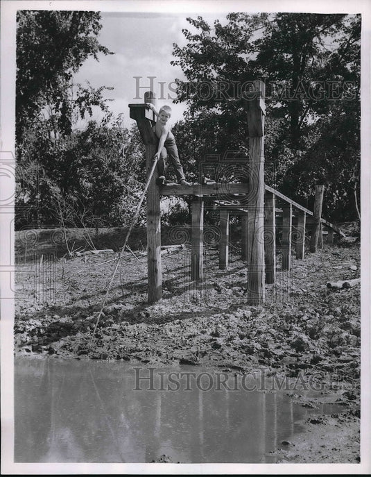 1955 Jimmy Shockley, age 7 at Lawrence, Kansas farm pond  - Historic Images