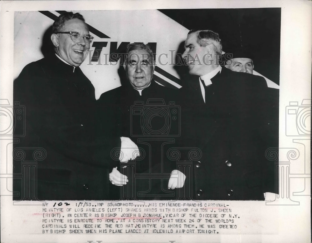 1953 Francis Cardinal McIntyre, Bishop JB Donahue,Bishop FJ Sheen - Historic Images
