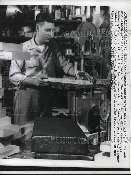 1957 Press Photo Francis Schiedmeyer Turning Out Latest Product Kneeling Pads - Historic Images