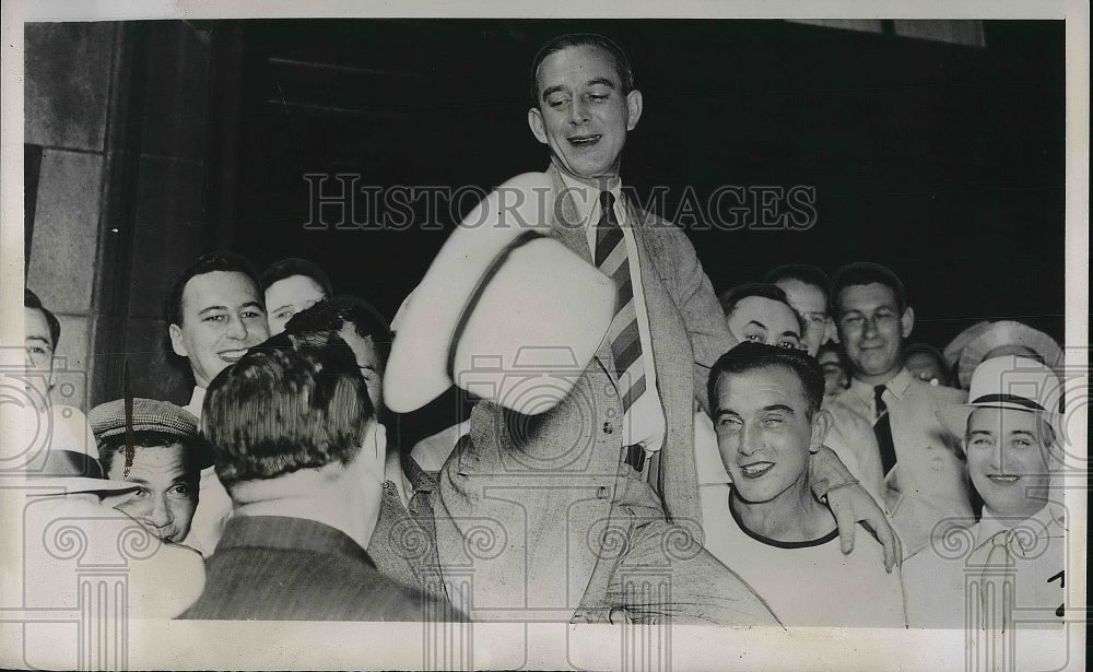 1938 Attorney Clyde Armstrong Carried at Steel Works Demonstration - Historic Images