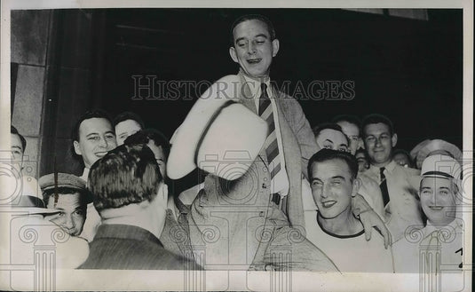 1938 Attorney Clyde Armstrong Carried at Steel Works Demonstration - Historic Images