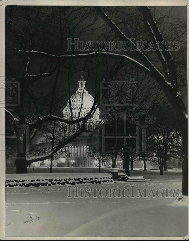 1930 view of Capitol building on snowy night in D.C.  - Historic Images