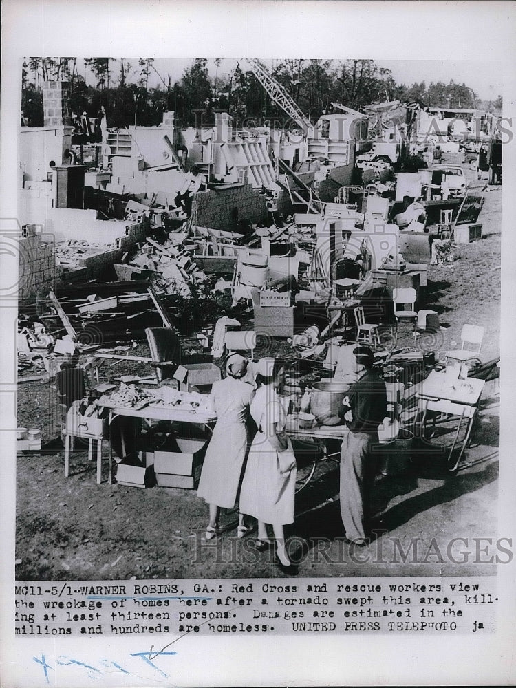 1953 Red Cross & Rescue Workers View Tornado Debris in Warner Robins - Historic Images