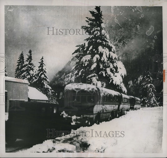1949 Cars slow to a crawl in the snow storm in Vancouver. - Historic Images