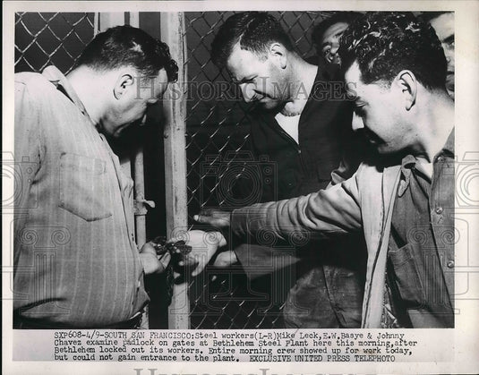 1952 Press Photo Steel workers M Leck, EW Basye,J Chavez at bethelem strike - Historic Images