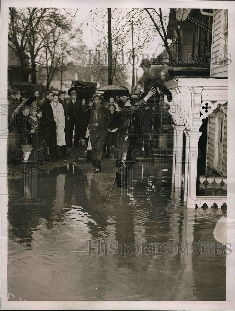 1937 Hancock Ma Fireman assists from roof of Porch evac flooded home - Historic Images