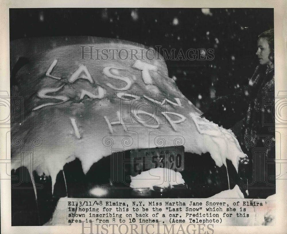 1948 Press Photo Elmira, NY Martha Jane Snover in the snow - nea88573 - Historic Images