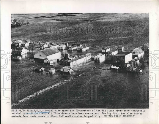 1952 Press Photo Aerial View Of Renner, SD Flooded By Big Sioux River - Historic Images