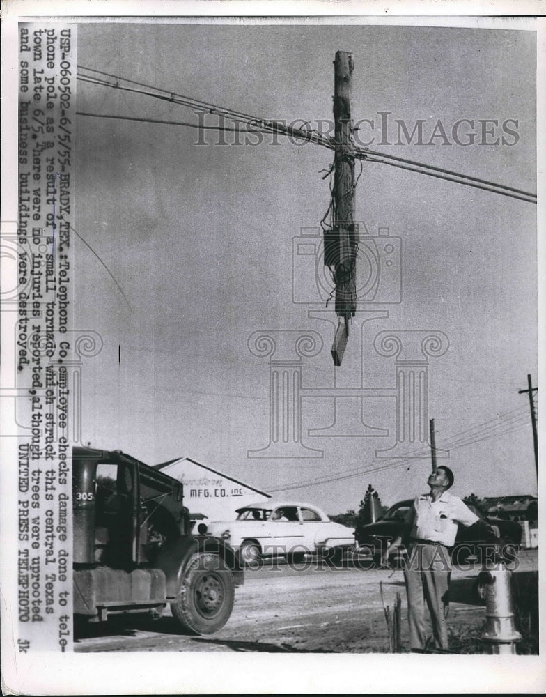 1955 Texas Tel.Co. Employee checked damage to Tel.Pole from Tornado - Historic Images