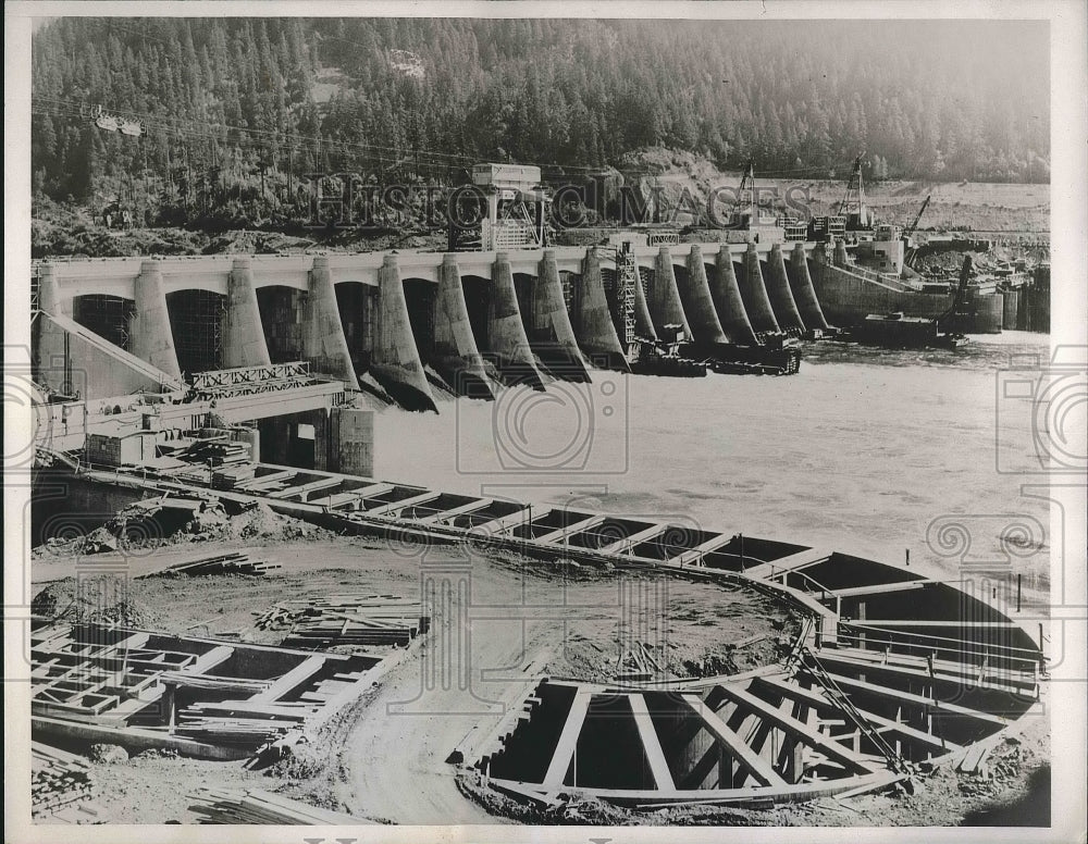 1937 Spillway section of Bonneville Dam on Columbia River - Historic Images