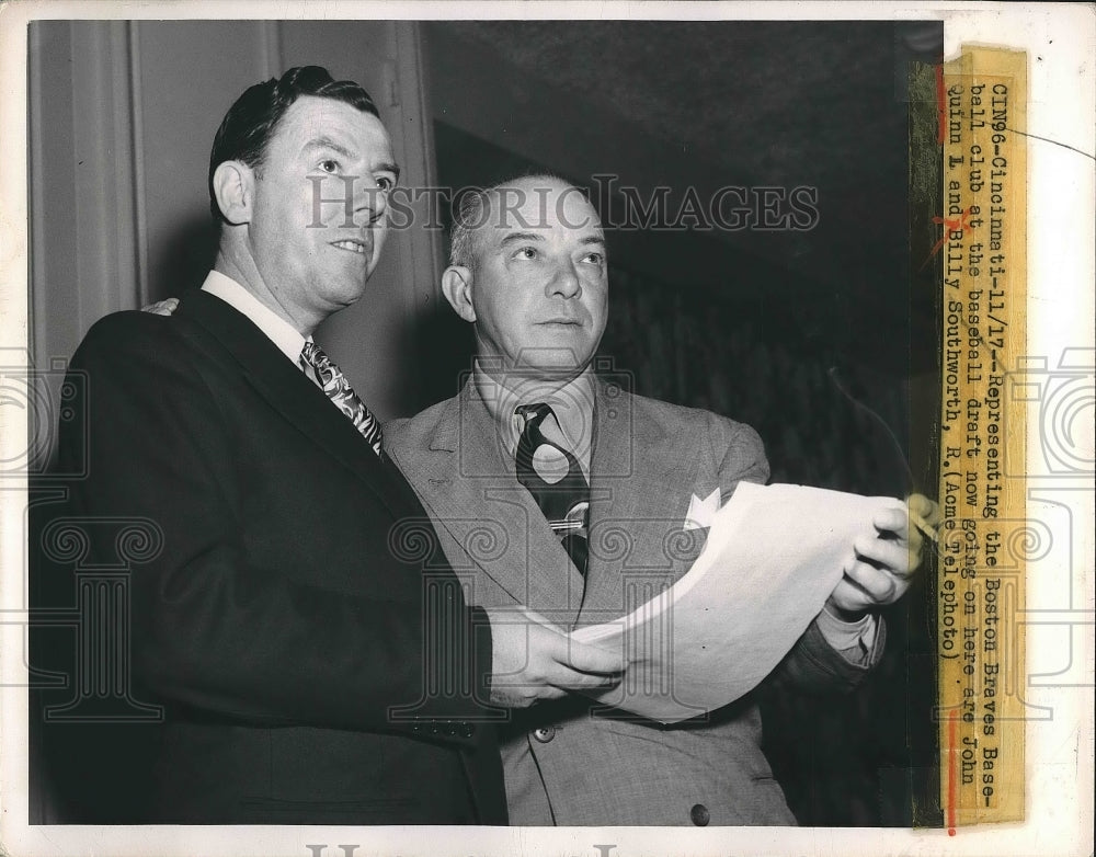1949 Press Photo Boston Braves Representatives Quinn and Southworth at Draft-Historic Images