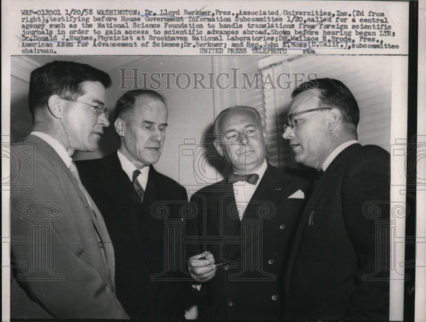 1958 Press Photo Dr. Lloyd Berkner, Dr. Donald Hughes, Dr. W. Brode, R 