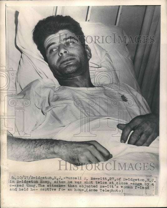 1948 Press Photo Bridgetoh, N.J. Russell Merritt in hospital shot by thugs - Historic Images