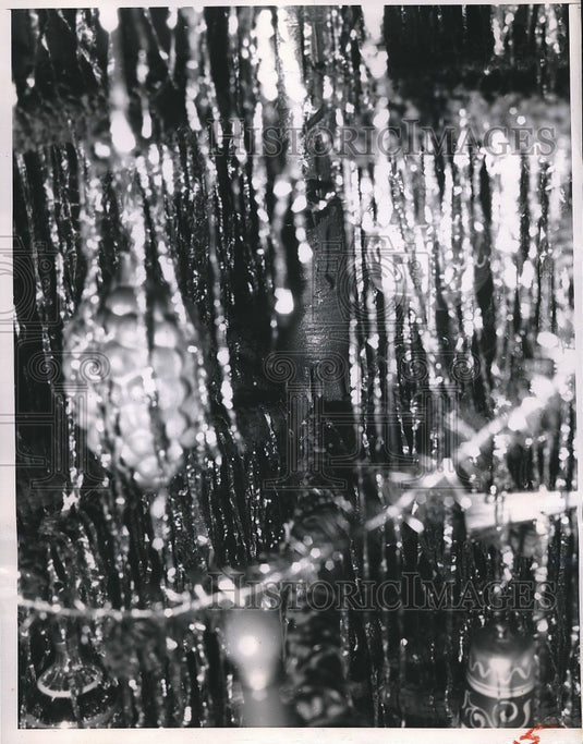 1950 A closeup view of Christmas tree & music box  - Historic Images