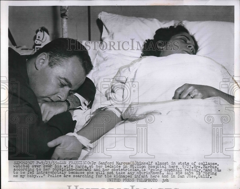1955 Press Photo Dr Sanford Marcus At Dying Wifes Side Infant was Kidnapped - Historic Images