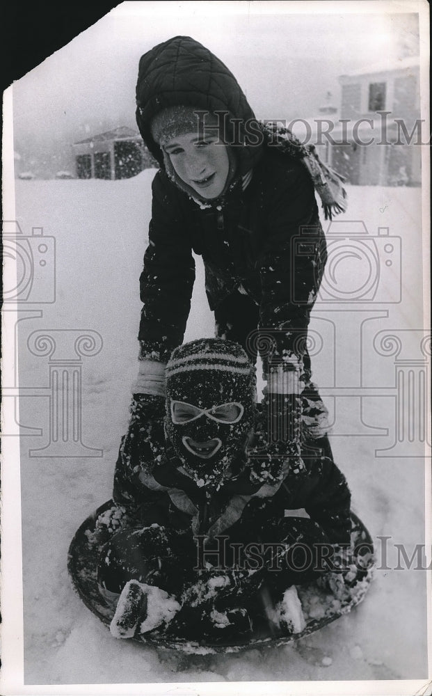 1968 Matthew Hudak Jr age 8 &amp; Jeff Condon age 6 play in snow - Historic Images