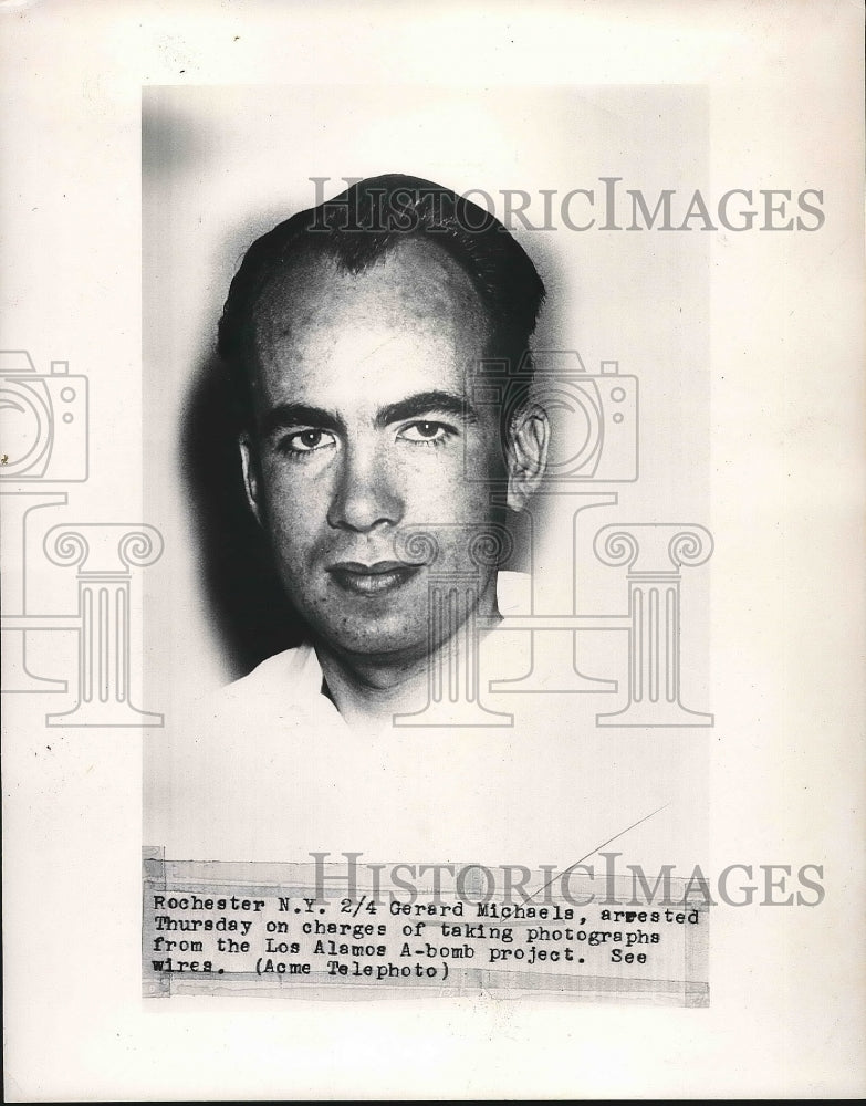 1948 Press Photo Gerard Michaels Arrested in Photographing A Bomb Project-Historic Images