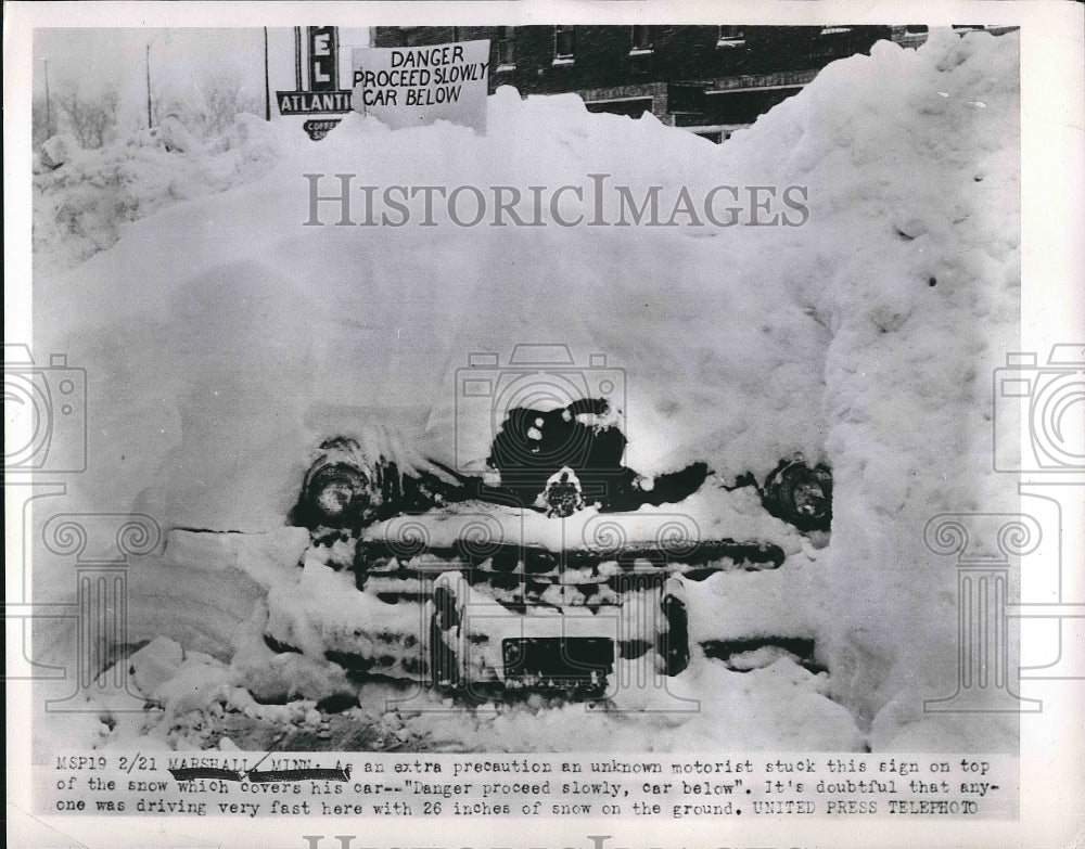 1952 Marshall Minnesota Danger Sign on top of snow  - Historic Images