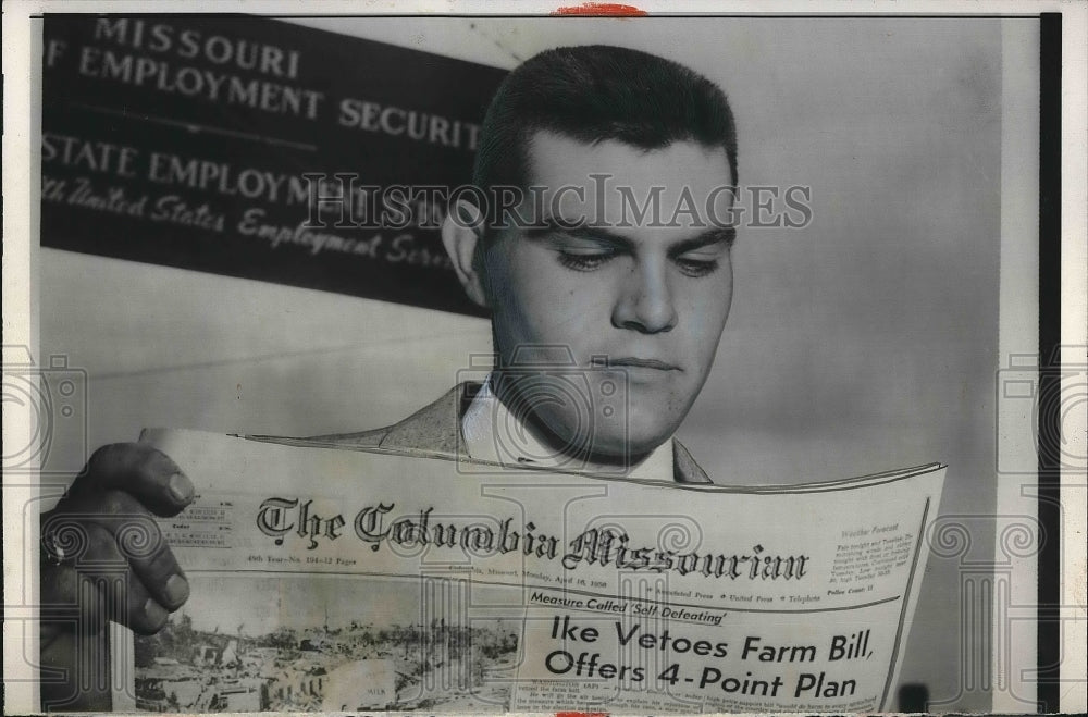1956 Columbia Mo David Proctor reading about Ike&#39;s Veto  - Historic Images
