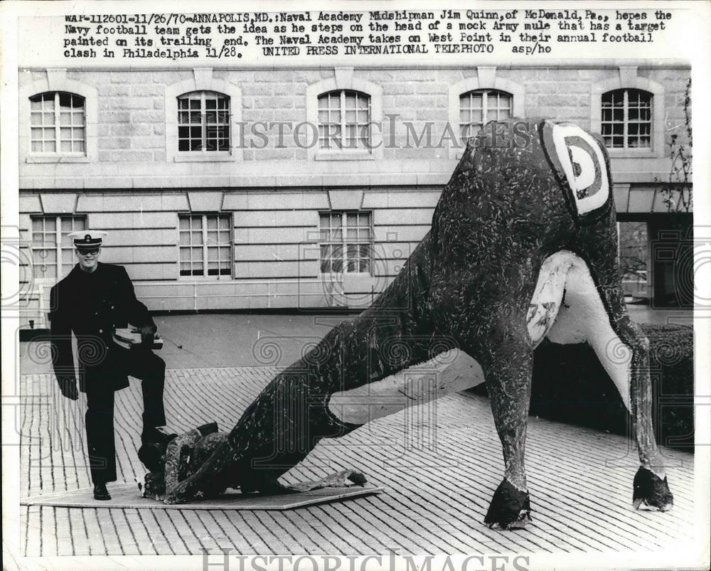 1970 Naval Academy midsjipman Jom Quinn, mock Army mule at Annapolis - Historic Images