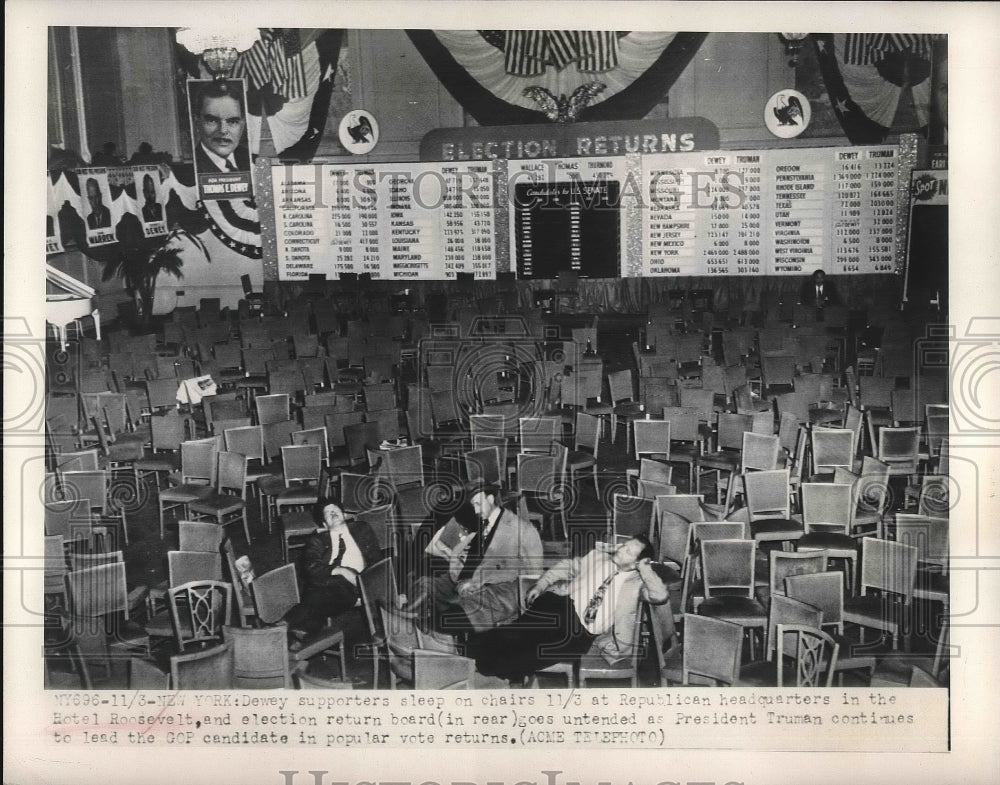 1948 Press Photo Dewey Supporters Sleep On Chairs At Republican HQ - nea90094 - Historic Images