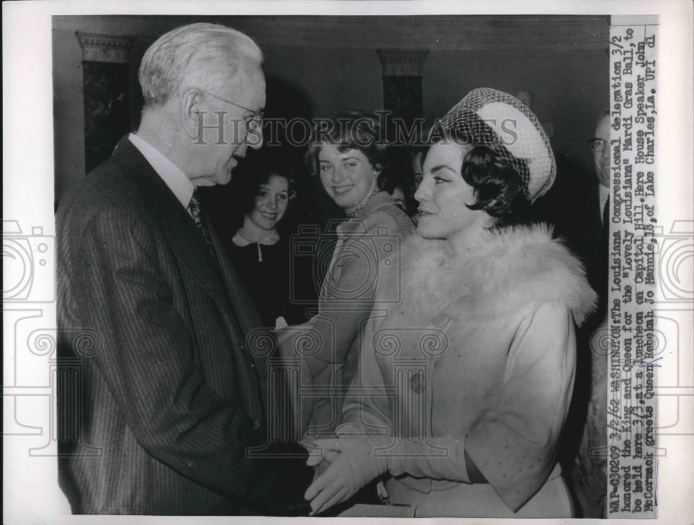 1962 Press Photo House Speaker John McCormack &amp; Queen Rebecca Jo Hannie of La. - Historic Images