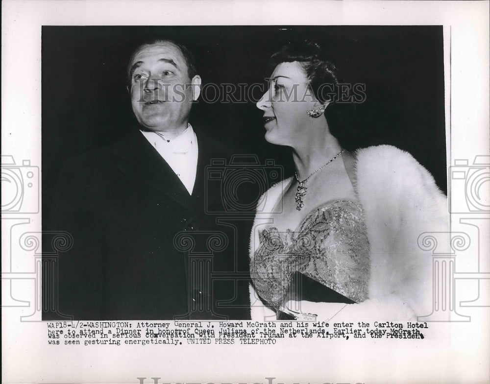 1952 Attorney Gen. J. Howard McGrath and Wife at Carolton Hotel - Historic Images