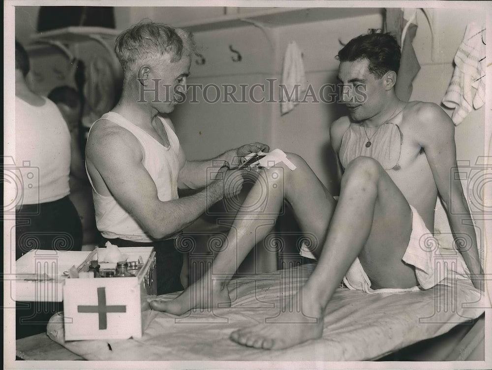 1936 Press Photo Willie Hanley bandaging Emile Diot of France - nea91181 - Historic Images