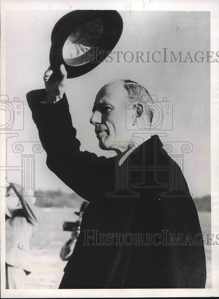 1938 Foreign Minister Lord Halifax Waving Hat at First Flight - Historic Images