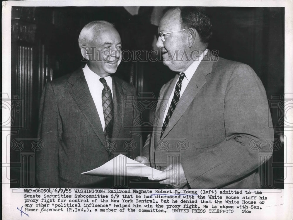 1955 Press Photo Railroad Magnate Robert Young Testifies to Senate Committee - Historic Images