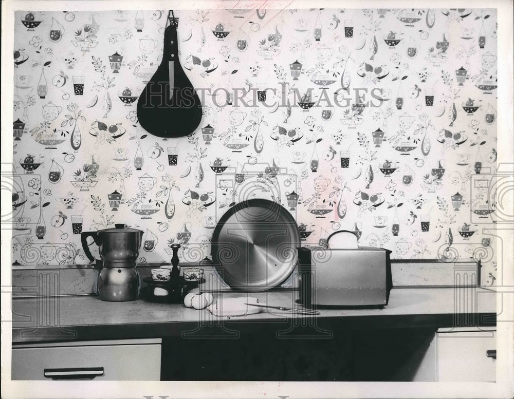 1960 Kitchen Setup with Toaster, Frying Pan, Coffee Maker - Historic Images