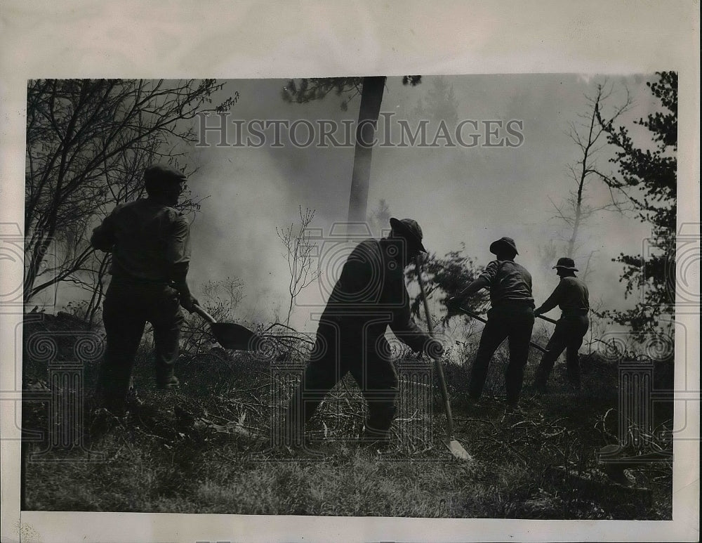 1939 Press Photo Firemen battle a forest fire in Michigan - nea91792-Historic Images