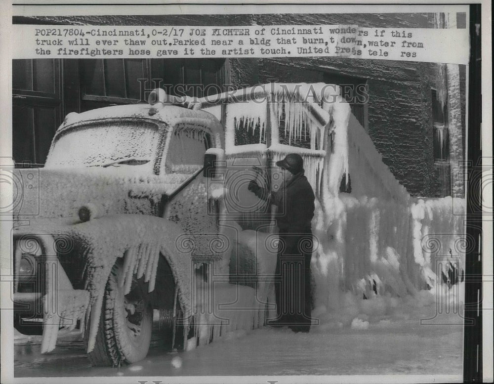 1958 Joe Fichter at Truck Covered With Ice From Firefighter's Hose - Historic Images