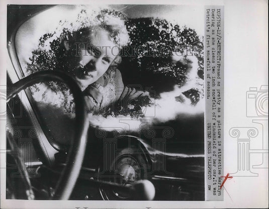 1952 Marilyn Doering in snow covered car in Detroit, Mich. - Historic Images