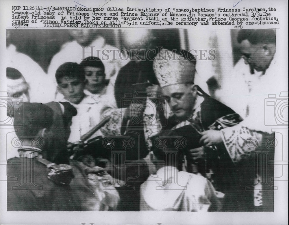 1957 Press Photo Bishop Barthe baptizes Princess Caroline in Monaco Cathedral - Historic Images