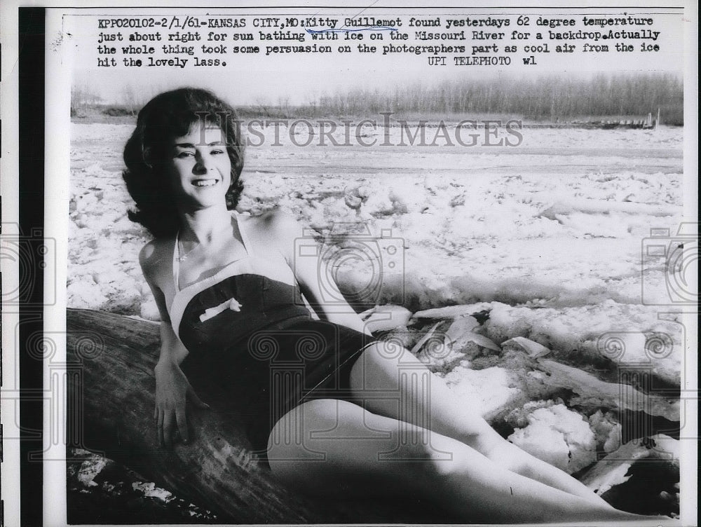 1961 Press Photo Kitty Guillemot sunbathing with ice on the Missouri River for a - Historic Images