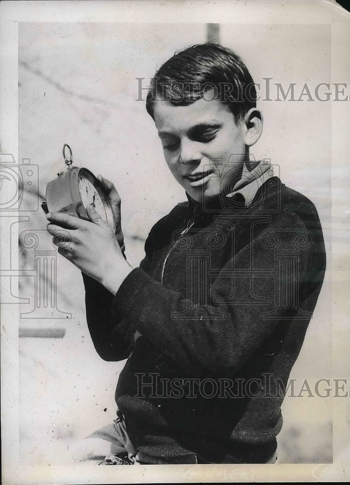 1938 Press Photo Jack Grant Jr of Stockbridge, Ga on his bike with a clock - Historic Images